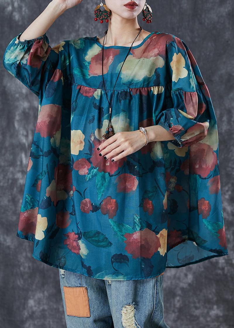 Blue Oversized Print Cotton Shirt Top Summer