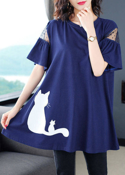Italian Blue O-neck Print T Shirt Summer