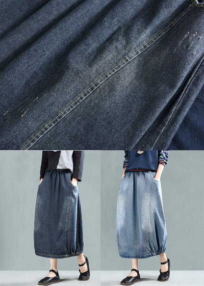 Dark Blue Patchwork Denim a Line Skirt Wrinkled Spring