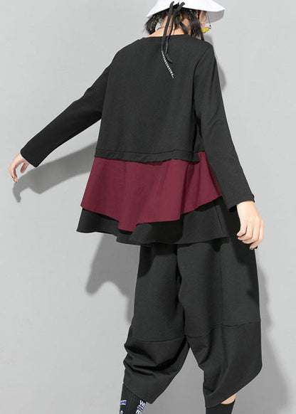 Organic Mulberry O-neck Patchwork Ruffles Fall Top Long Sleeve