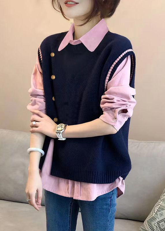 Style Pink Shirts and Navy Knit Vest Side Open Two Pieces Set Fall