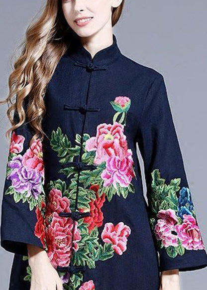 Navy Stand Collar Embroideried Button Coats Long Sleeve