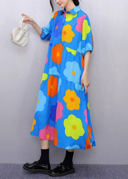 Blue Print Pockets Patchwork Cotton Blouses Dresses Half Sleeve Summer