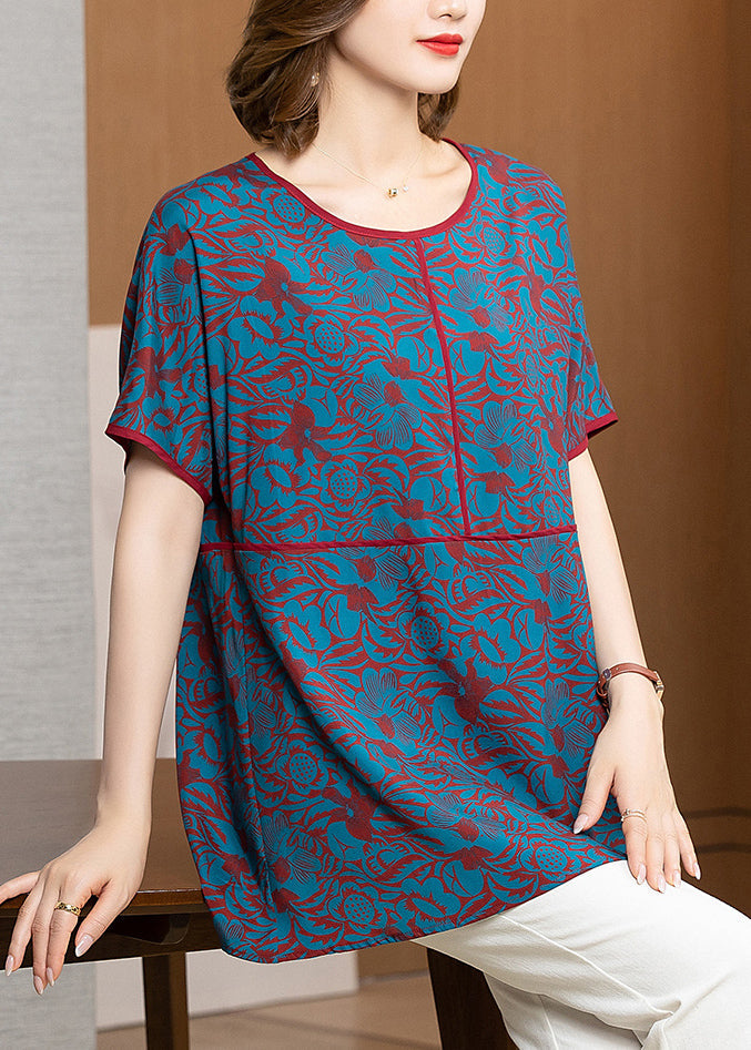 Blue O-neck Jacquard Silk Tank Tops Short Sleeve