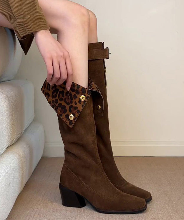 Brown Chunky Heel Suede Stylish Splicing Boots