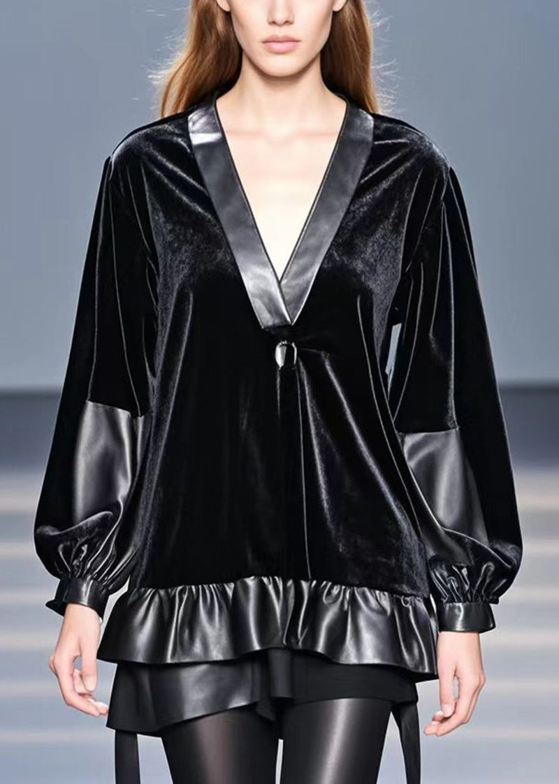 Black Oversized Patchwork Silk Velour Top Fall