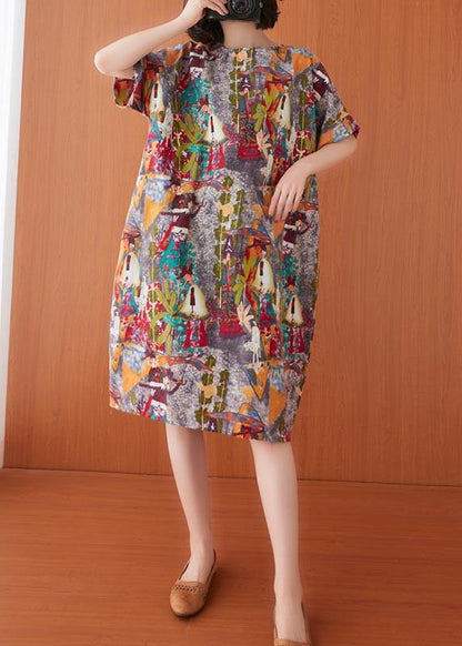 Print O-neck Cotton Linen Party Dress Summer