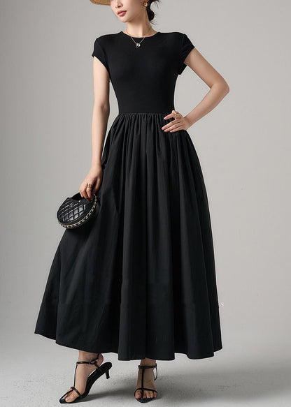 Black Pockets Knit Patchwork Cotton Long Dress Summer