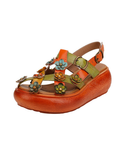 Retro Hollow Out Platform Sandals Yellow Cowhide Leather