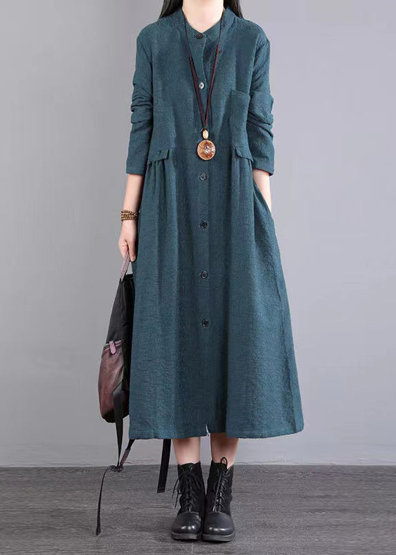 Red Stand Collar Pockets Patchwork Cotton Long Dresses Fall