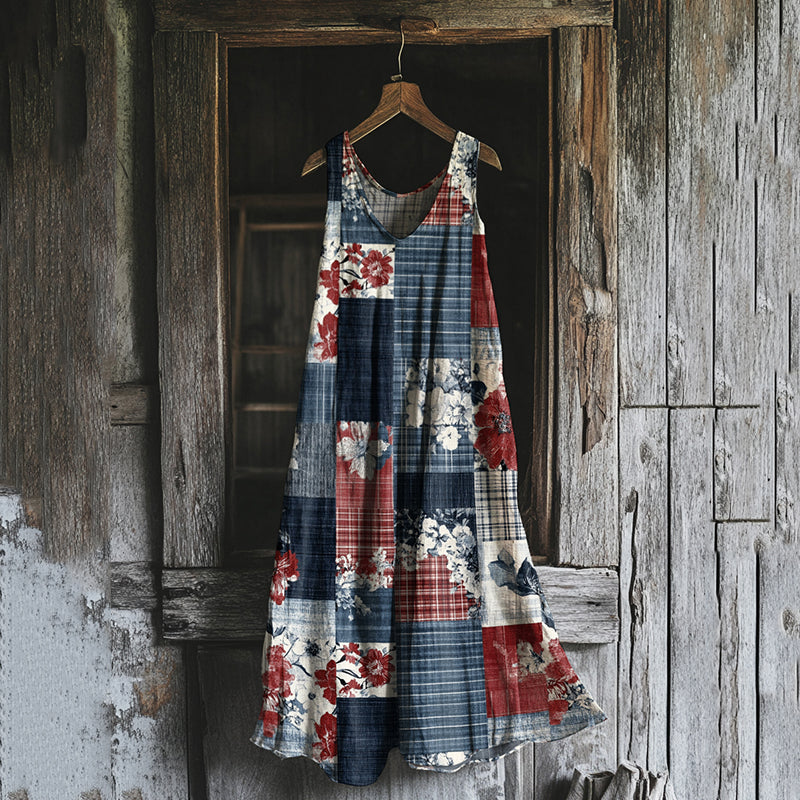 Women's Vintage Independence Day Floral Geometric Art Linen Maxi Dress artswardrobe