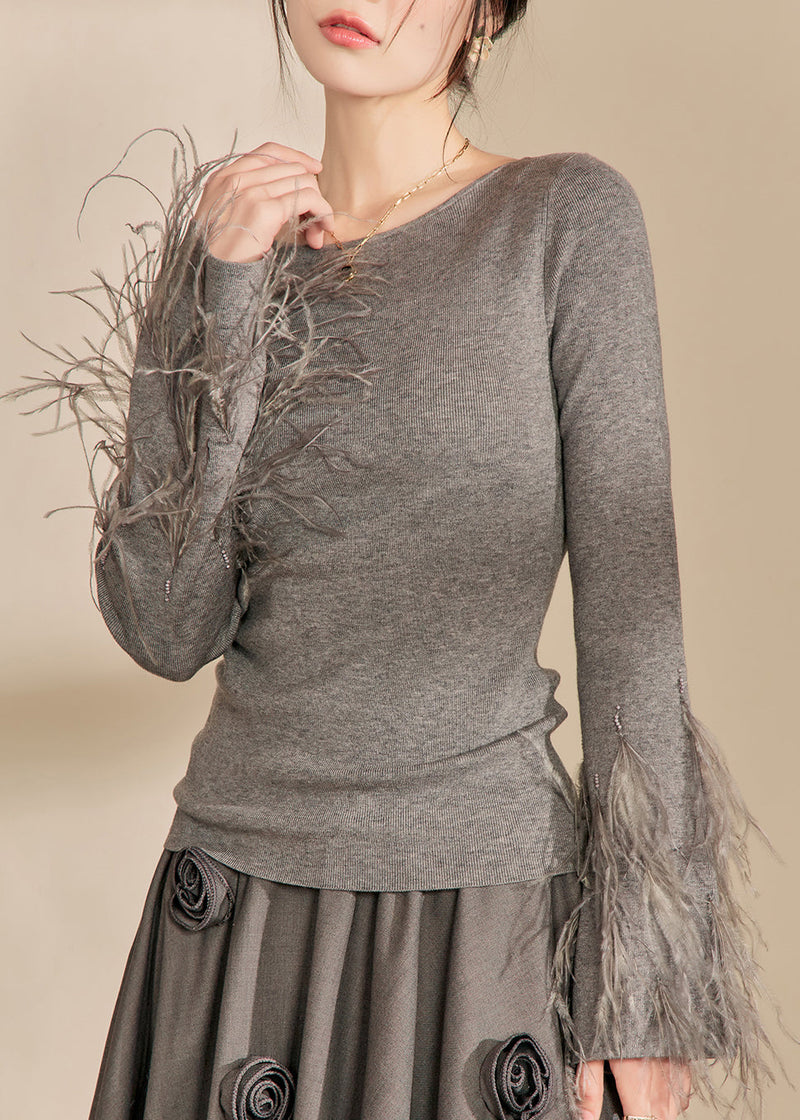 Fitted Grey O-neck Tassel Cotton Knit Sweaters Spring