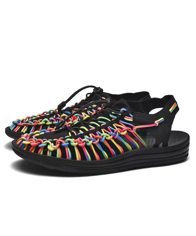 Hollow Out Splicing Beach Flat Sandals Black Knit Fabric