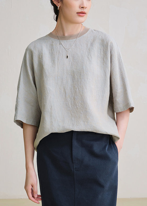 Grey Oversized Linen Top O Neck Summer