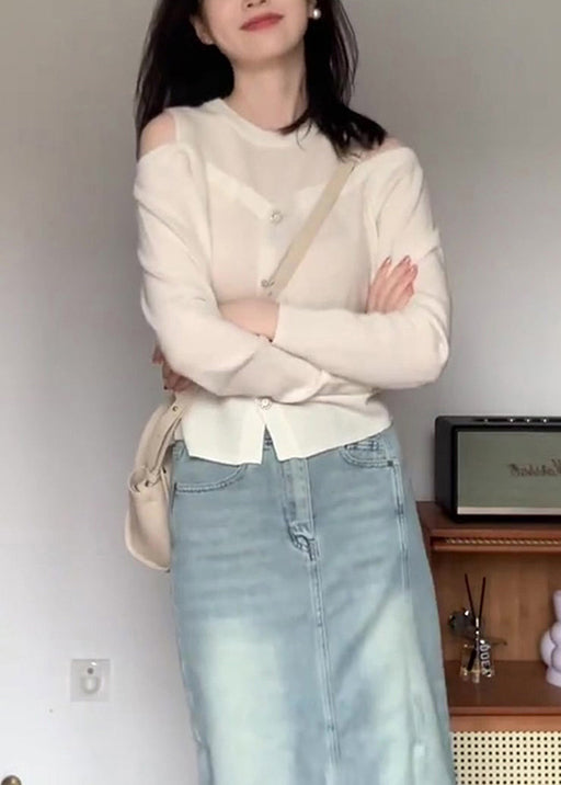 White O Neck Button Patchwork Cotton Knit Top Fall