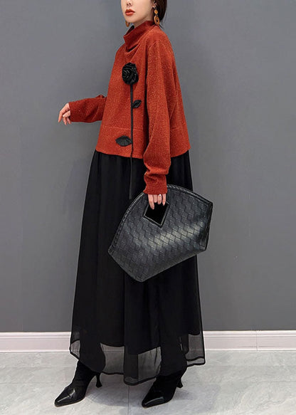Red Turtle Neck Patchwork Tulle Fake Two Piece Dresses Spring