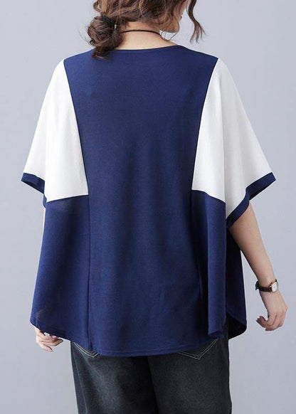 Handmade Blue Patchwork Batwing Sleeve Shirt Top Summer