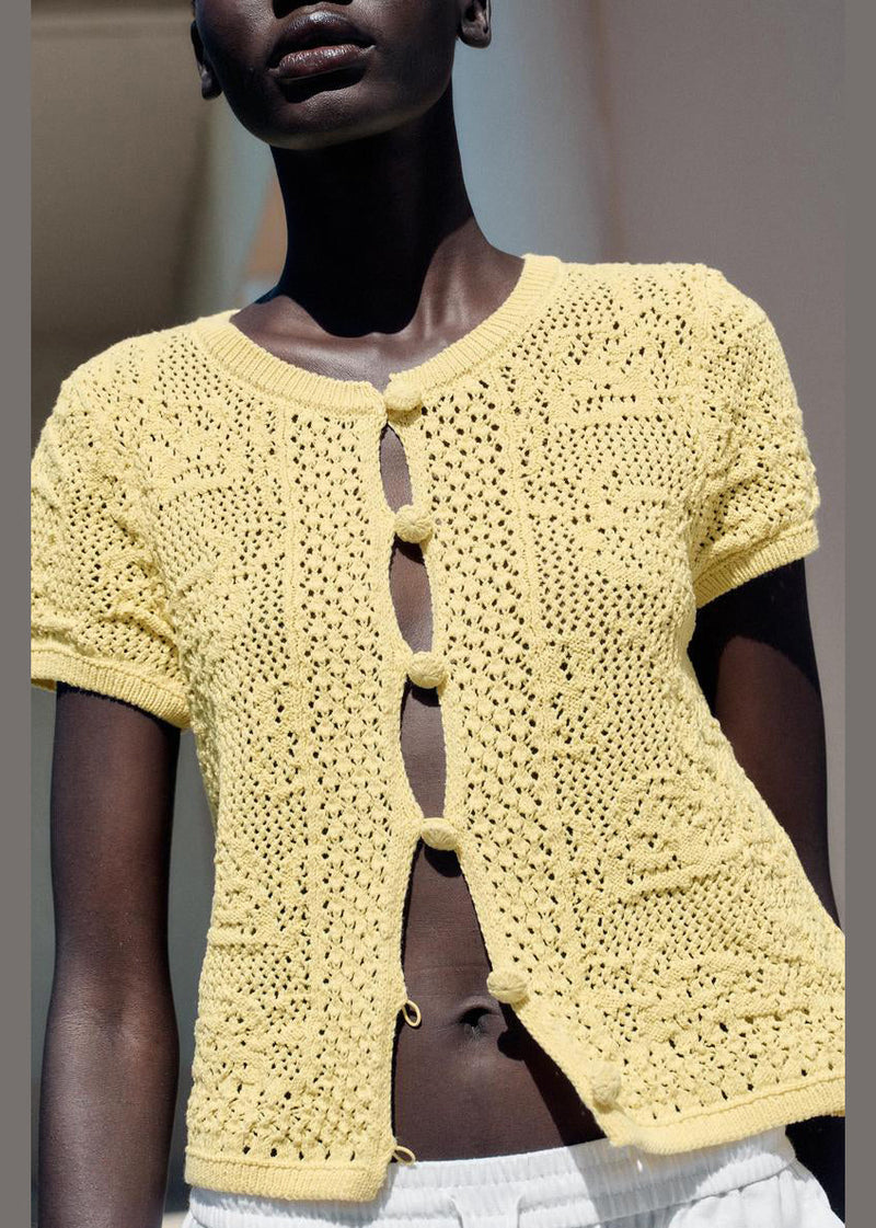 Yellow Button Hollow Out Knit T Shirt Summer