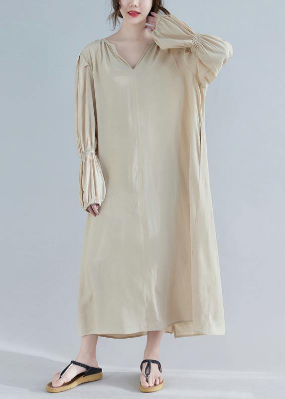 V Neck Spring Clothes Tunic Khaki Maxi Dress