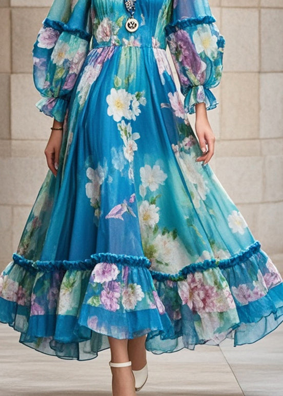 Unique Peacock Blue Ruffled Print Chiffon Holiday Dress Spring