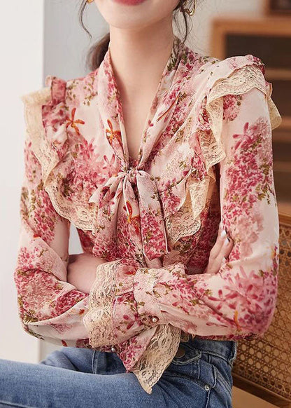 Print Bow Lace Patchwork Chiffon Shirt Tops Spring