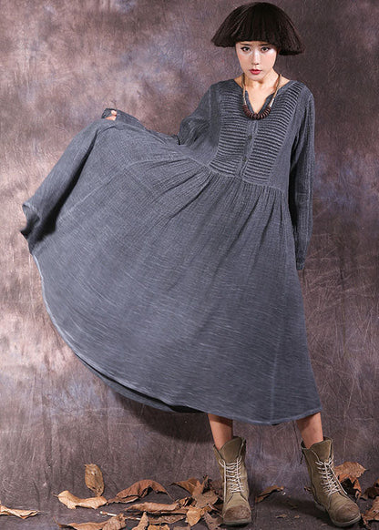 French Grey V Neck Wrinkled Cotton Holiday Dress Spring