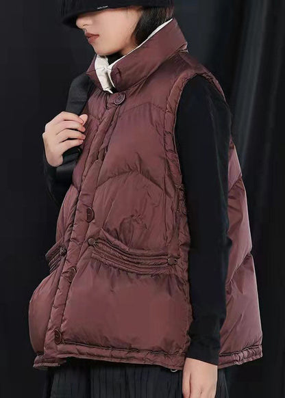 Street Mulberry Peter Pan Collar Pockets Button Winter Sleeveless Down Vest