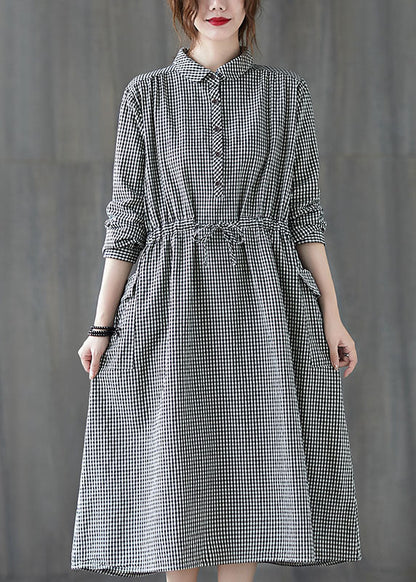 Simple Plaid Button Pockets Tie Waist Fall Party Dress Long Sleeve