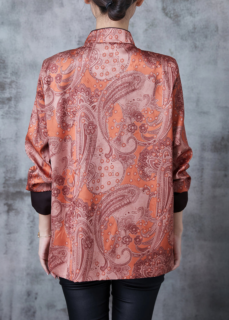Brick Red Mandarin Collar Print Silk Shirt Spring
