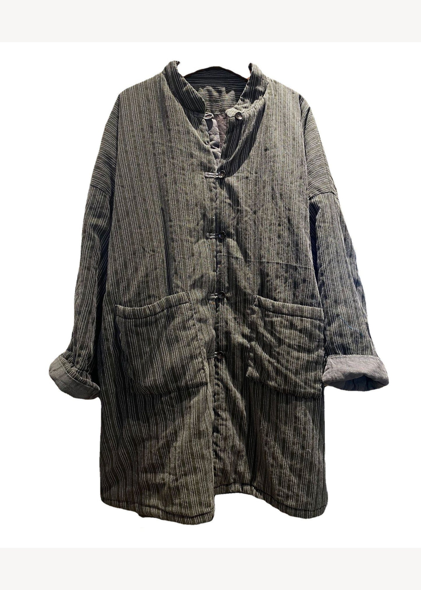 Blue Stand Collar Pockets Striped Fine Cotton Filled Coat Winter