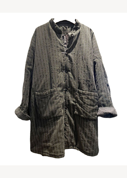 Blue Stand Collar Pockets Striped Fine Cotton Filled Coat Winter