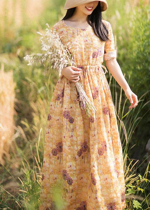 O-neck Summer Clothes Pattern Yellow Print Dress