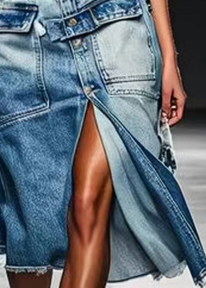 French Blue Button Pockets Front Open Denim Skirt Summer (ships in 24hrs)