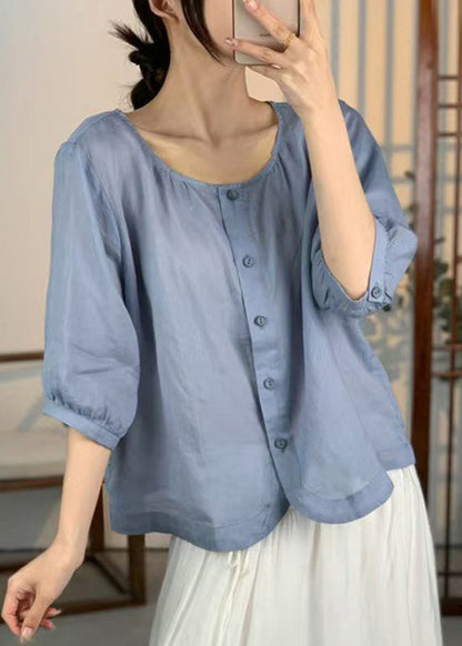 Loose White O Neck Button Linen Shirts Summer
