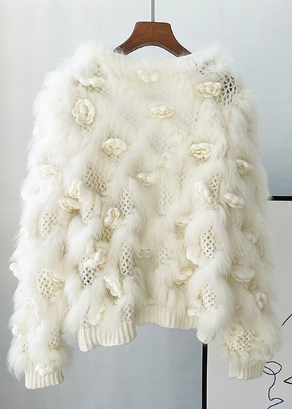 White Hollow Out Mink Hair Knitted Coat Winter