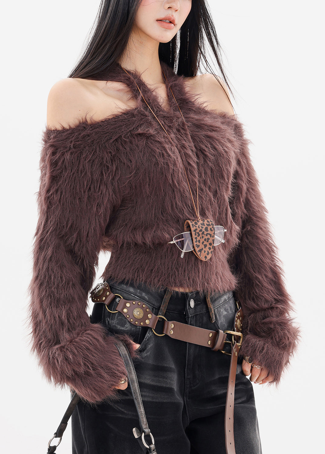 Unique Coffee Cold Shoulder Thick Cotton Knit Sweater Tops Fall