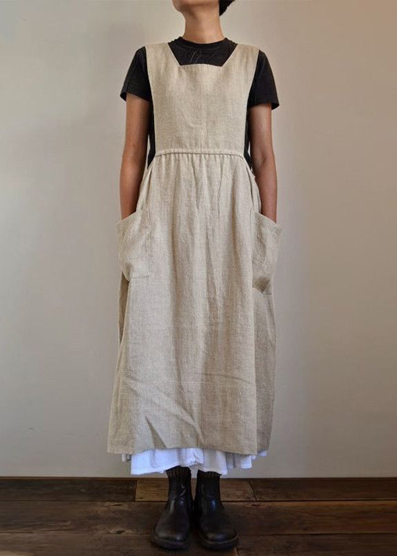 Handmade Black U Necku Neck Patchwork Pockets Cotton Maxi Dresses Summer