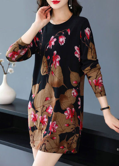 Loose Black O-neck Print Knit Mid Dress Spring