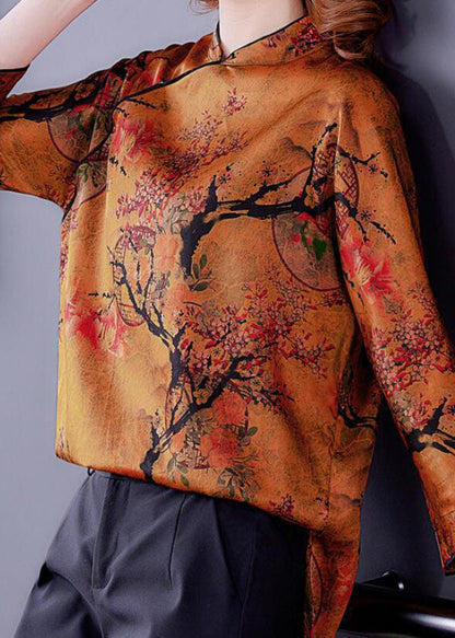 Ginger Stand Collar Side Open Print Silk Blouse Top Spring
