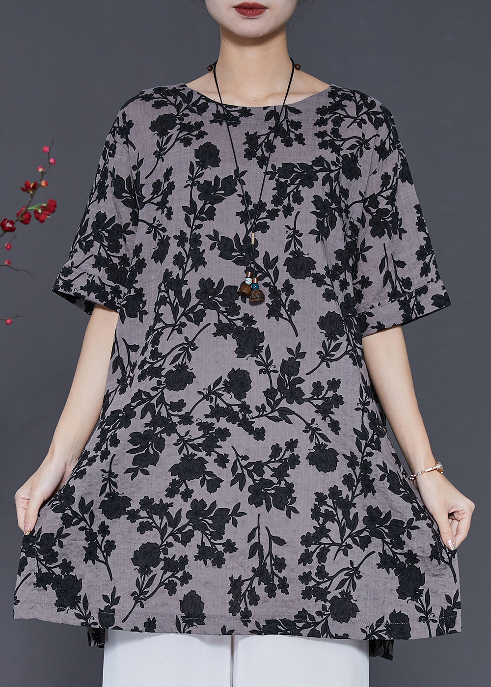 Grey Print Side Open Linen Long Tops Summer