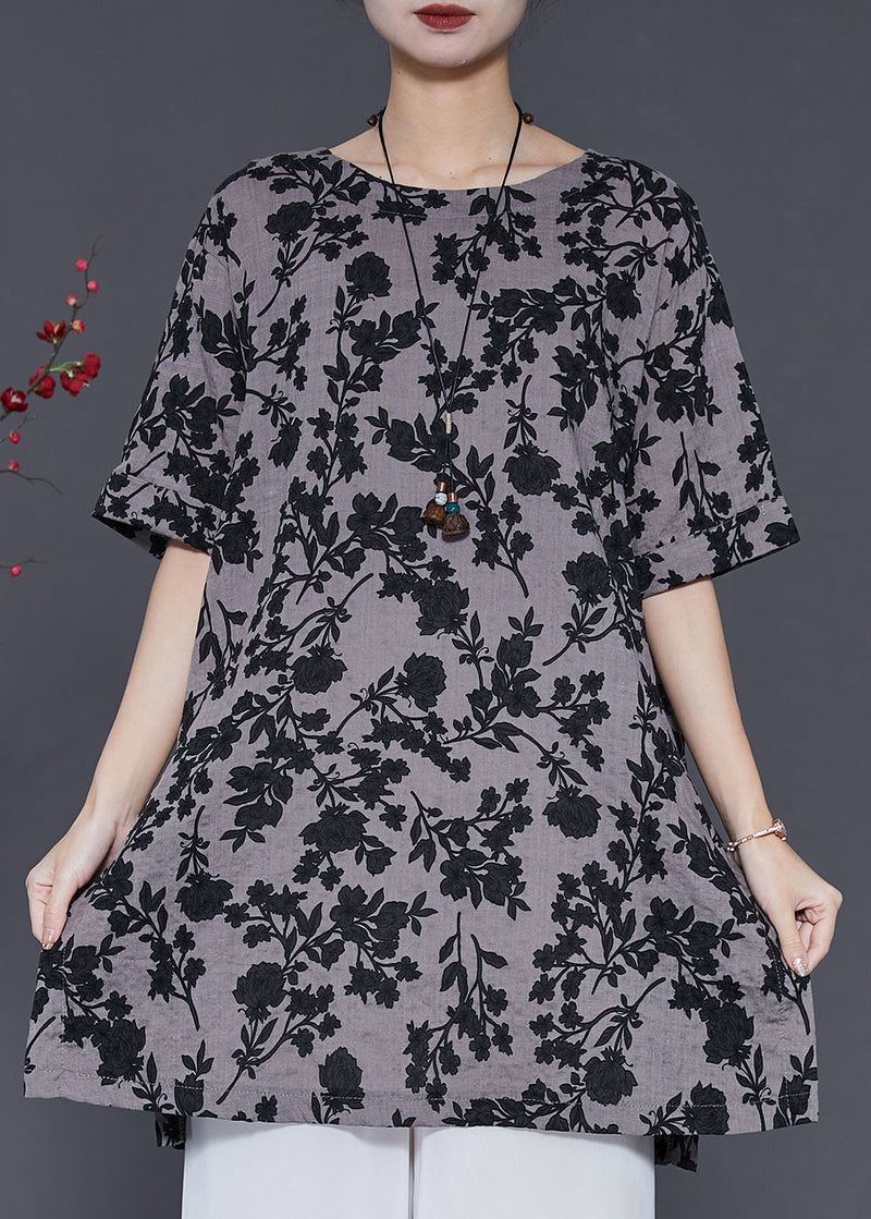 Grey Print Side Open Linen Long Tops Summer