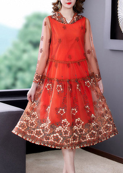 Vogue Orange Embroideried Tulle Hooded Long Dresses Spring