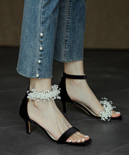 French Black Buckle Strap High Heel Sandals Nail Bead