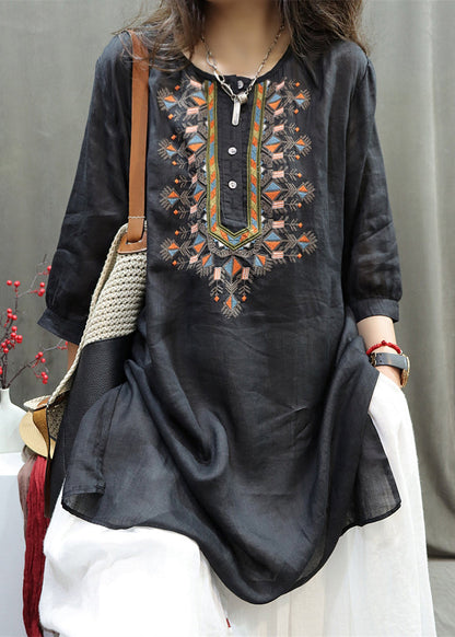 Retro Black O-neck Embroidered Side Open Shirt Half Sleeve