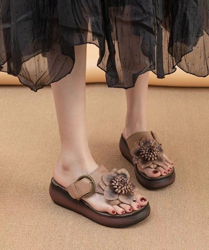 Cameo Brown Handmade Cowhide Leather Wedge Thong Sandals