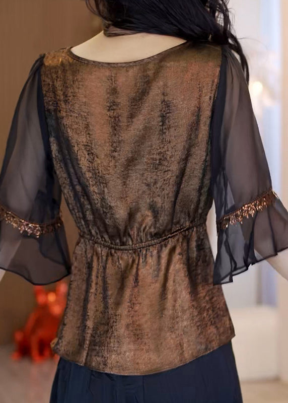 French Style New Coffee Asymmetrical Patchwork Chiffon Top Summer