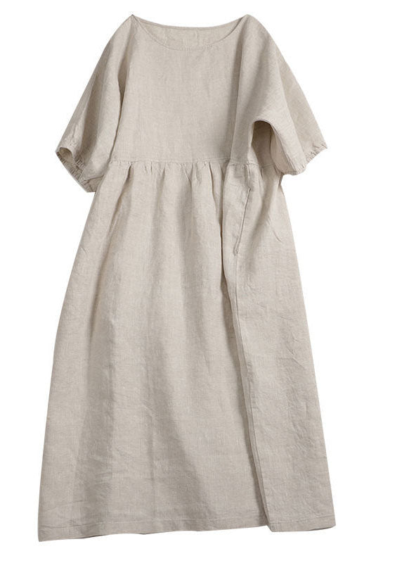 Handmade Apricot O-neck Wrinkled Patchwork Linen Dress Summer
