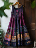 Vintage Boho Floral Embroidered Cozy Linen Midi Dress artswardrobe