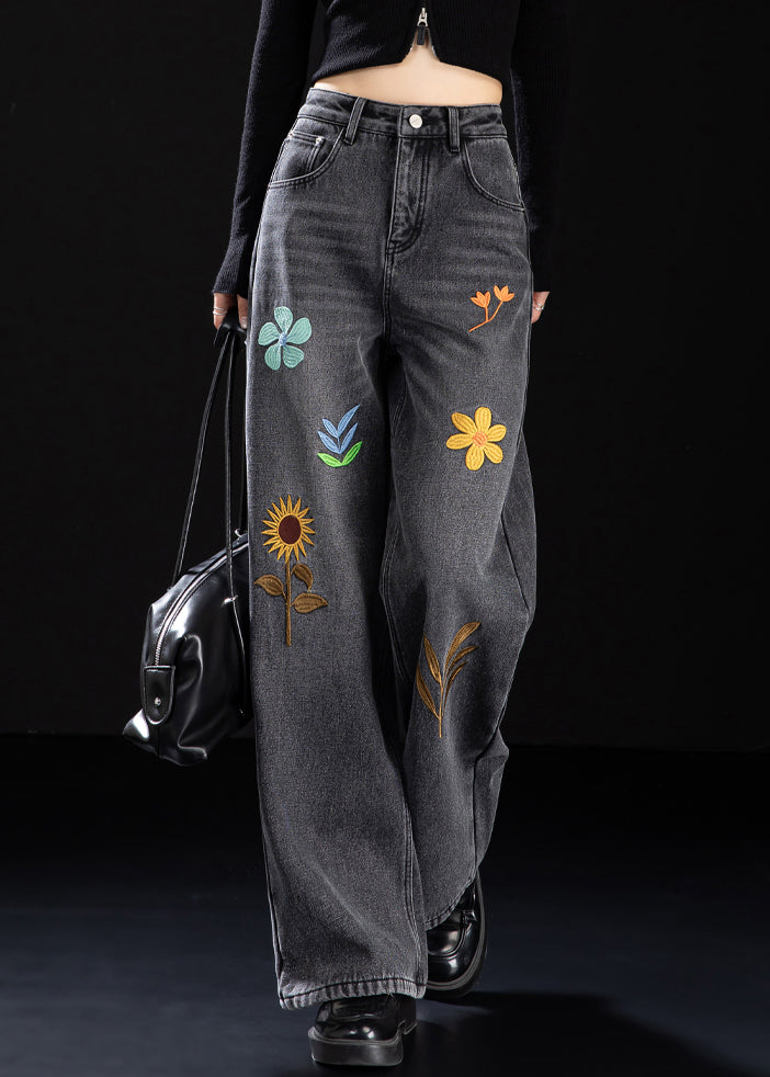 Handmade Black Embroidered Warm Fleece Denim Pants Spring