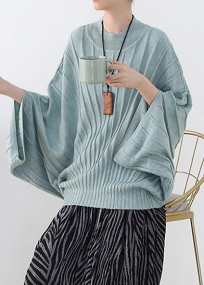 Green O-neck Woolen Knit Sweater Batwing Sleeve